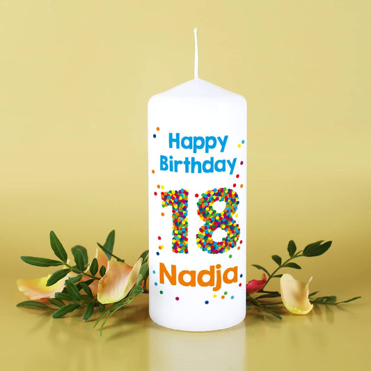Kerze zum 18. Geburtstag mit Name und Wunschtext