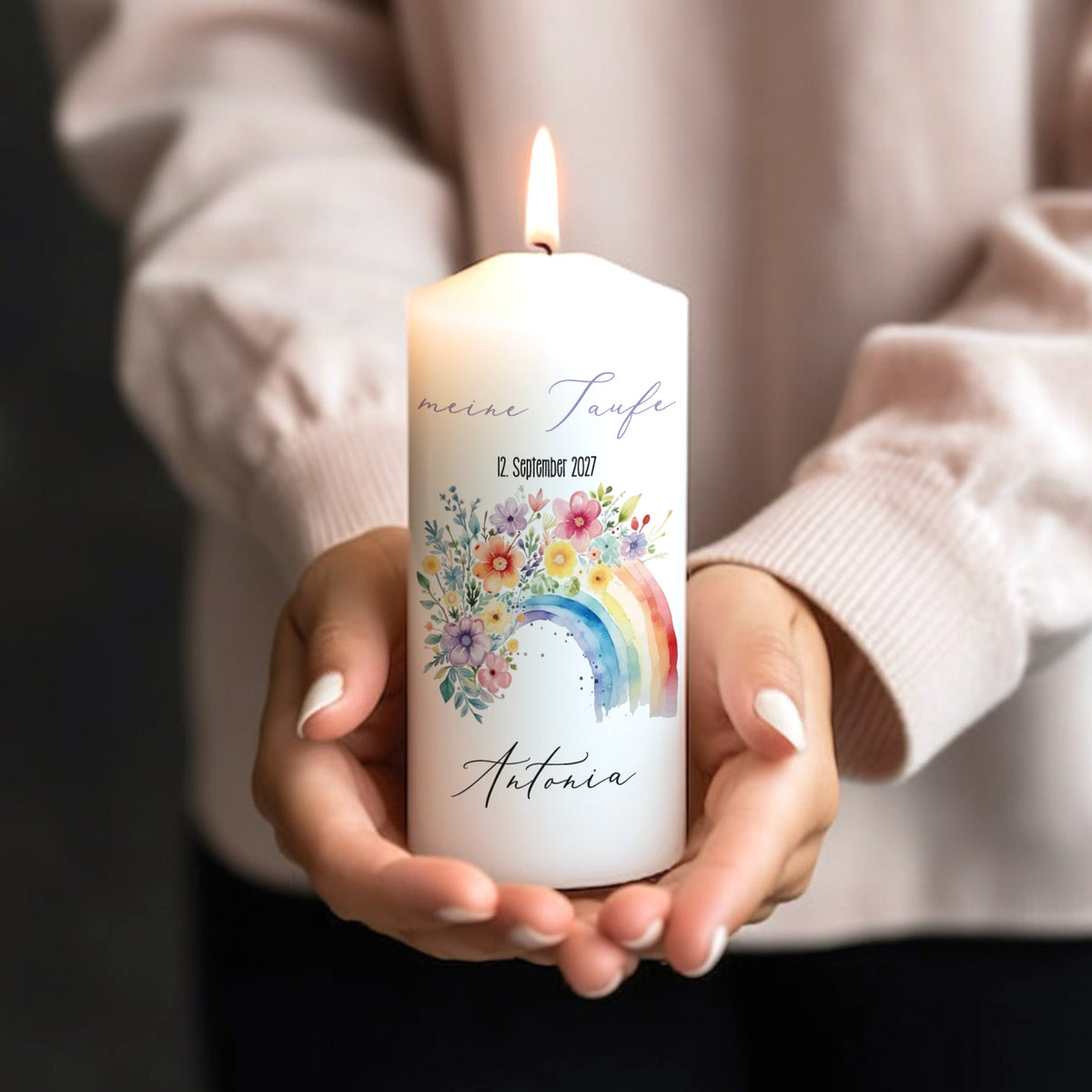 Personalisierte Kerze zur Konfirmation, Kommunion, Taufe, Jugendweihe | Blumen-Regenbogen Motiv