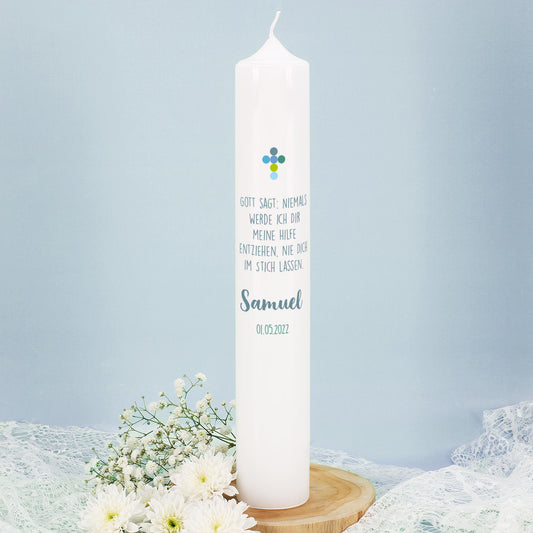 Rückseite der 6x38cm großen Kommunionkerze mit Psalm, Name und Datum