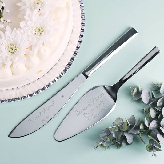 WMF Tortenbesteck Set zur Hochzeit mit Tauben, Namen und Datum graviert