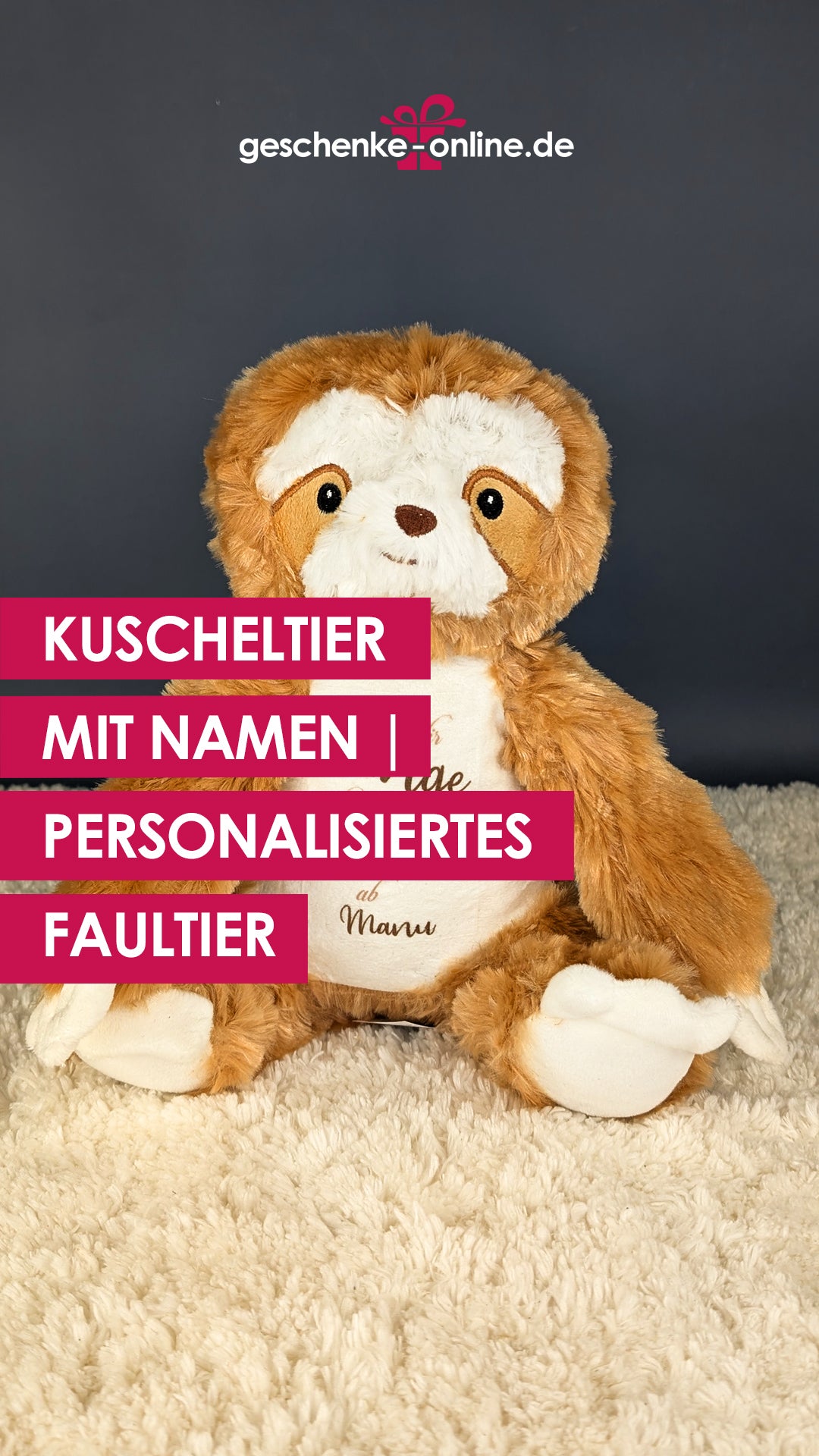 Personalisiertes Kuscheltier für Kinder, Faultier mit Namensaufdruck und "Mit dir hänge ich am liebsten ab"