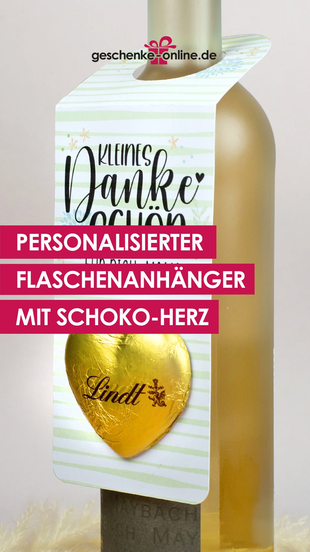 Personalisierter Flaschenanhänger mit Lindt Schokoladenherz als Dankeschön-Geschenk