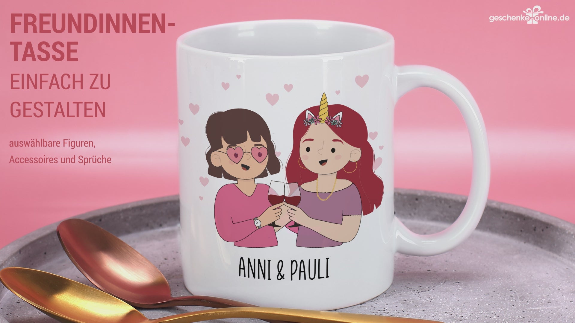 Weiße Keramiktasse mit individuellen Freundinnen Figuren mit Namen und Spruchauswahl