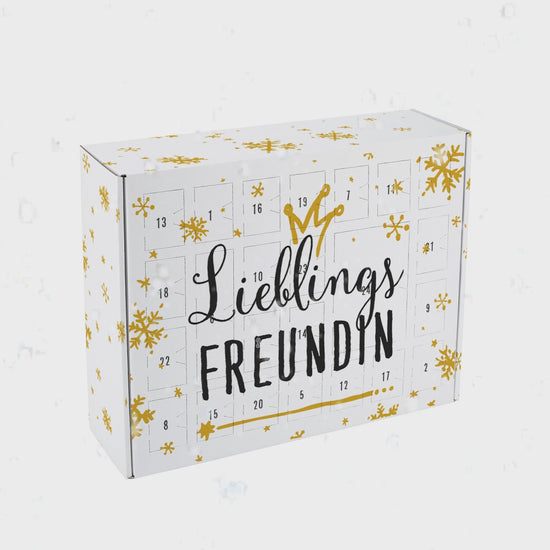 Adventskalender zum selbstbefüllen mit "Lieblings" bedruckt und individuellen Namen bedruckbar. Goldene Schneeflocken.
