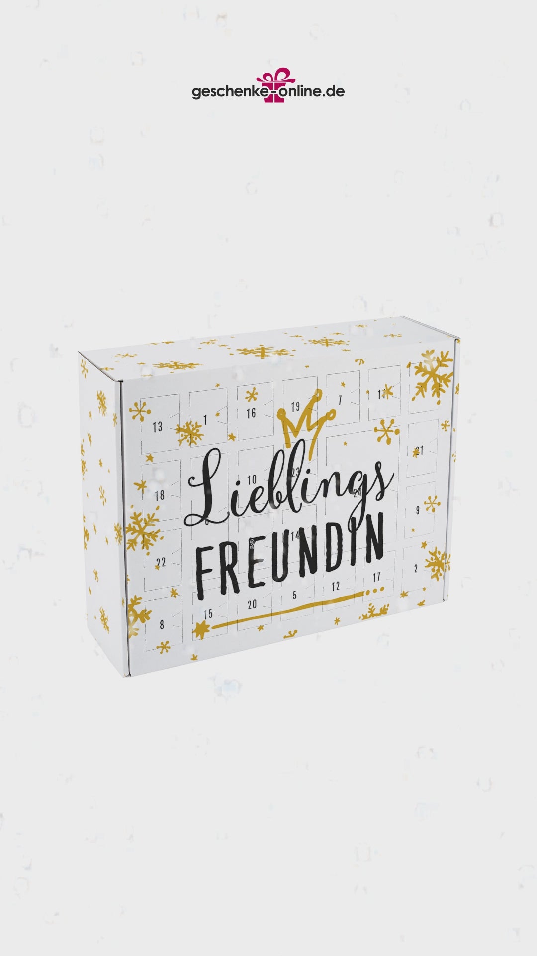 Adventskalender zum selbstbefüllen mit "Lieblings" bedruckt und individuellen Namen bedruckbar. Goldene Schneeflocken.