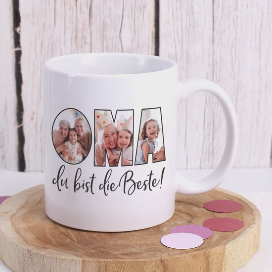 Anleitung zur Konfiguration der Oma Namenstasse aus Keramik mit drei Fotos und Text Oma , du bist die Beste!