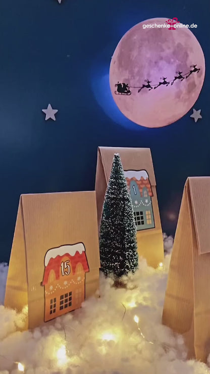 DIY Adventskalender Kraftpapier Tüten mit weihnachtlichen Weihnachtsdorf Motiv