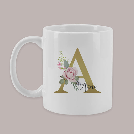 Namenstasse mit Monogramm und Rosenmotiv