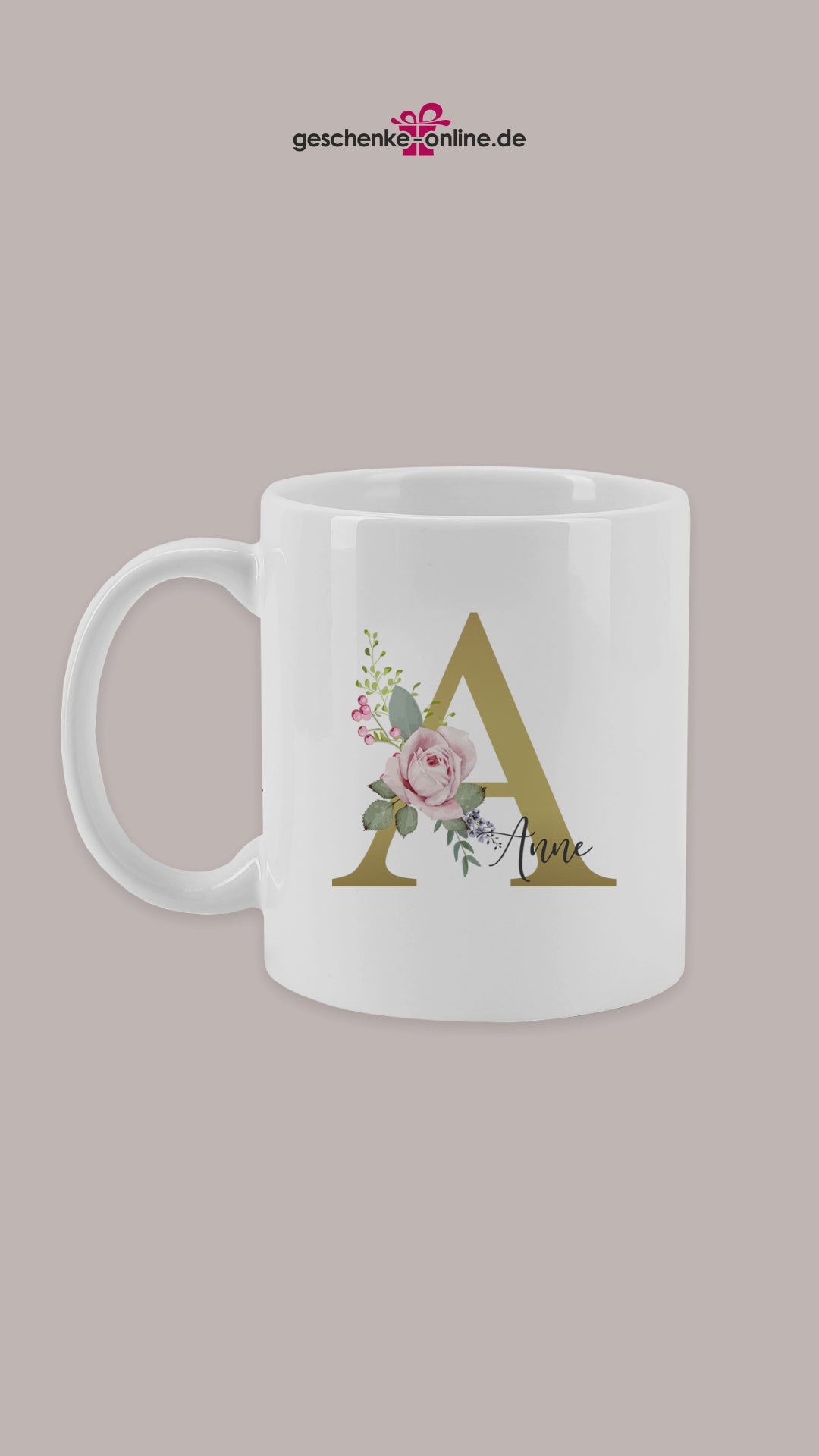 Namenstasse mit Monogramm und Rosenmotiv