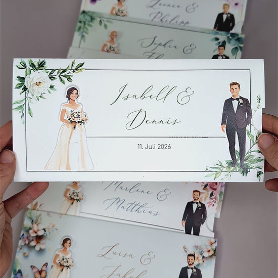 Hochzeitseinladung – Ziehkarte mit Brautpaar und Pfingstrosen-Motiv