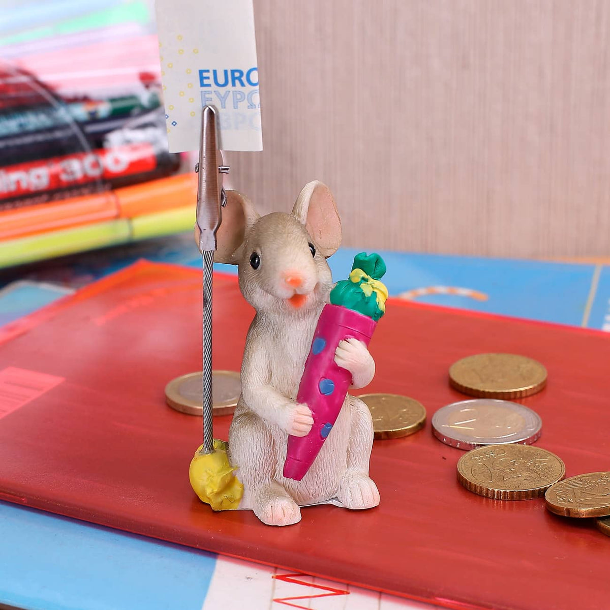 stehende Maus mit Schultüte und Geldclip *pink*
