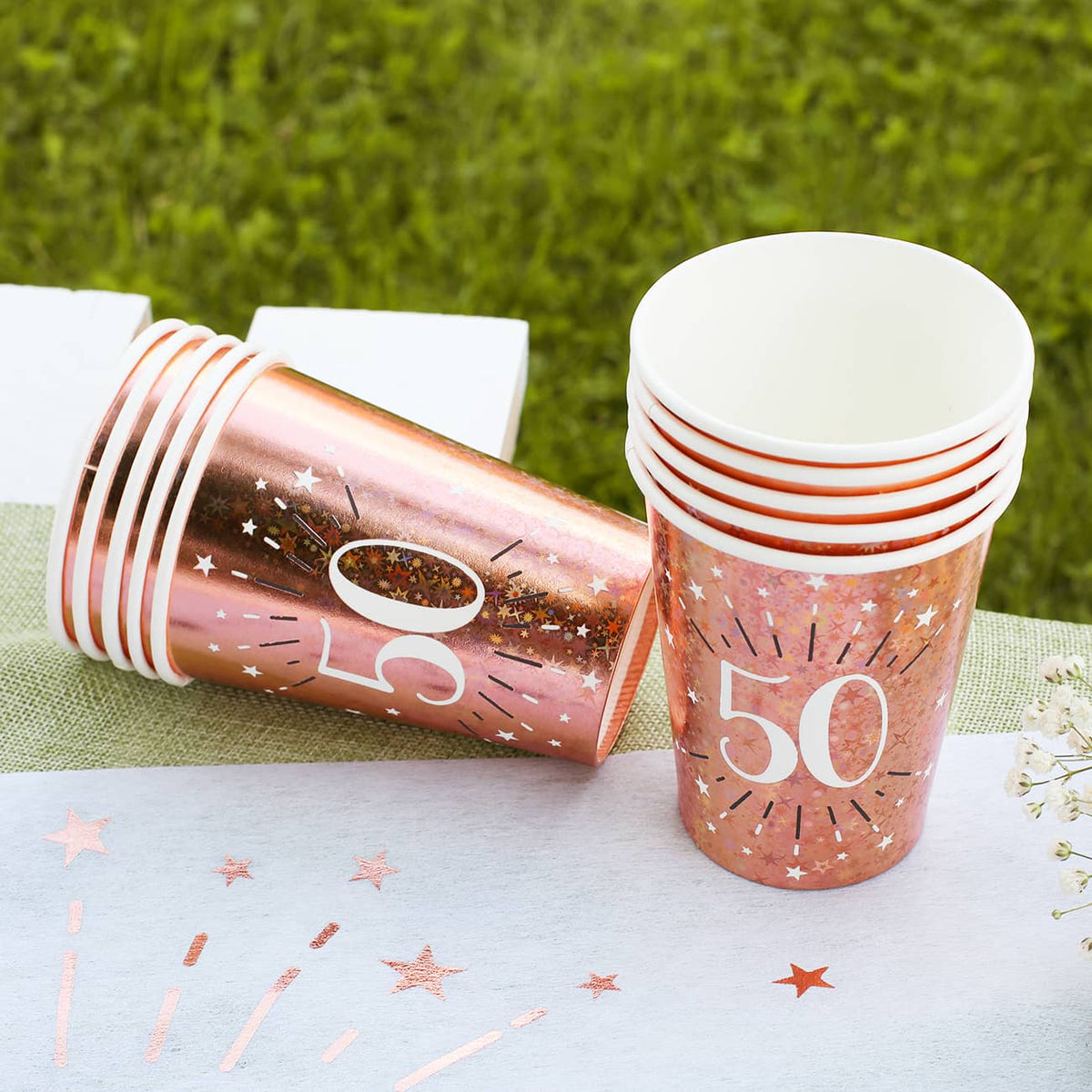 10 Pappbecher in  rose mit Glitzereffekt vom 18.-80. Geburtstag