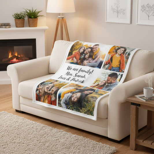 Kuscheldecke liegt auf einer gemütlichen Couch im Wohnzimmer