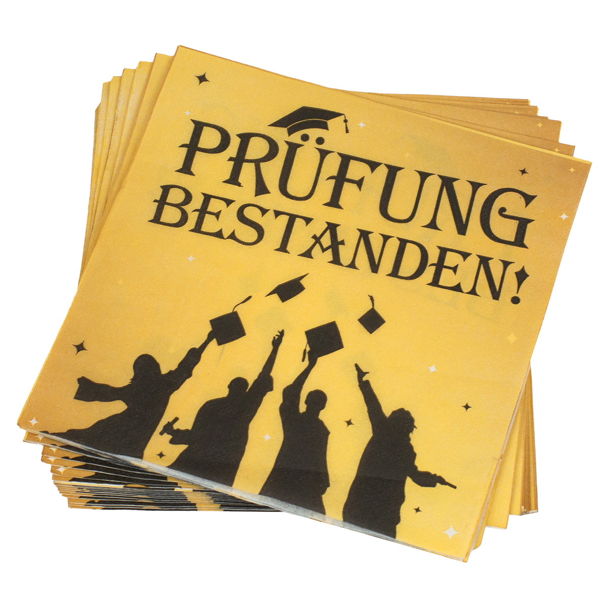Stapel goldener Servietten Prüfung bestanden mit Absolventen-Motiv – Dekoration für Absolventen