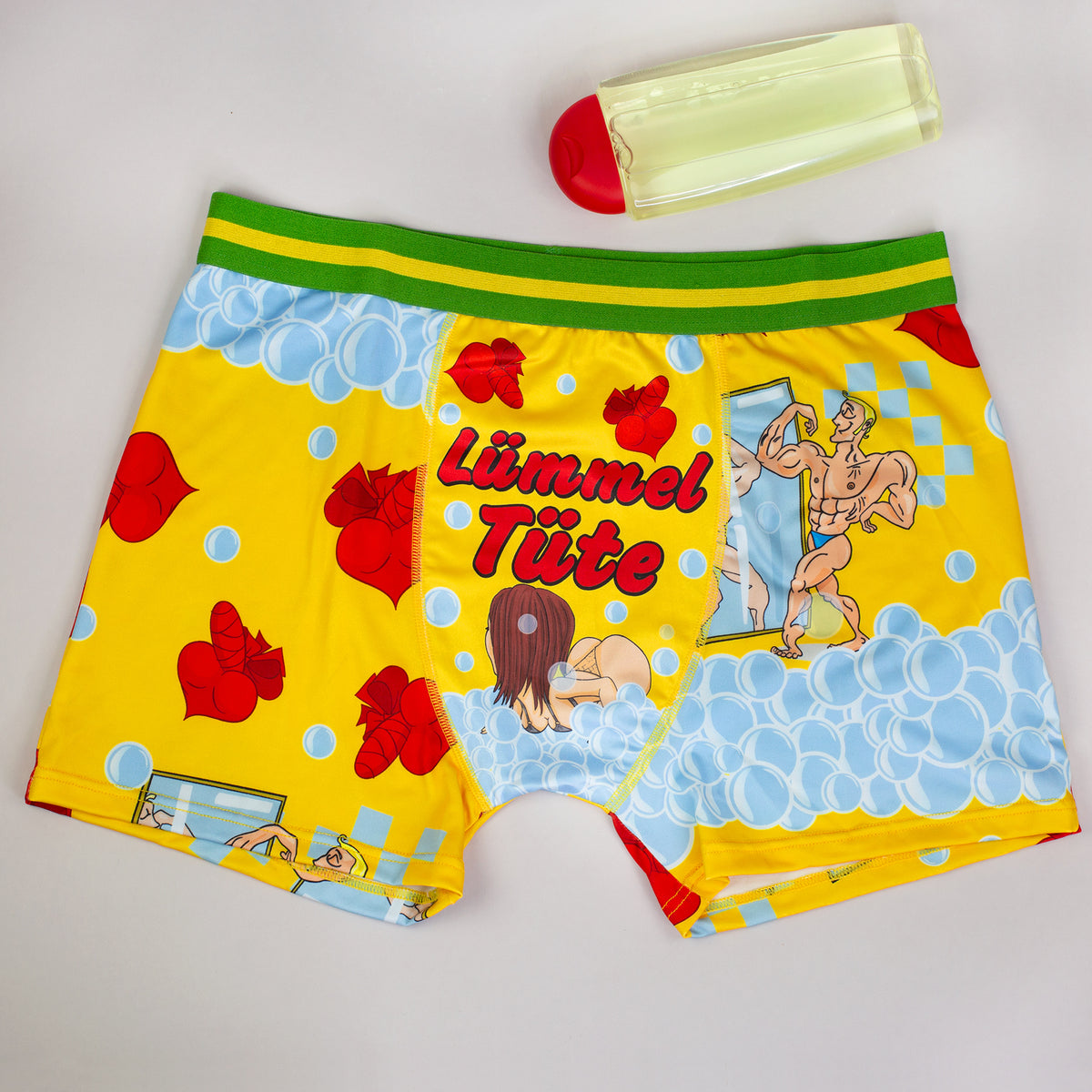 Lustige gelbe Boxershort Lümmeltüte mit Comic-Motiv und Schaumblasen