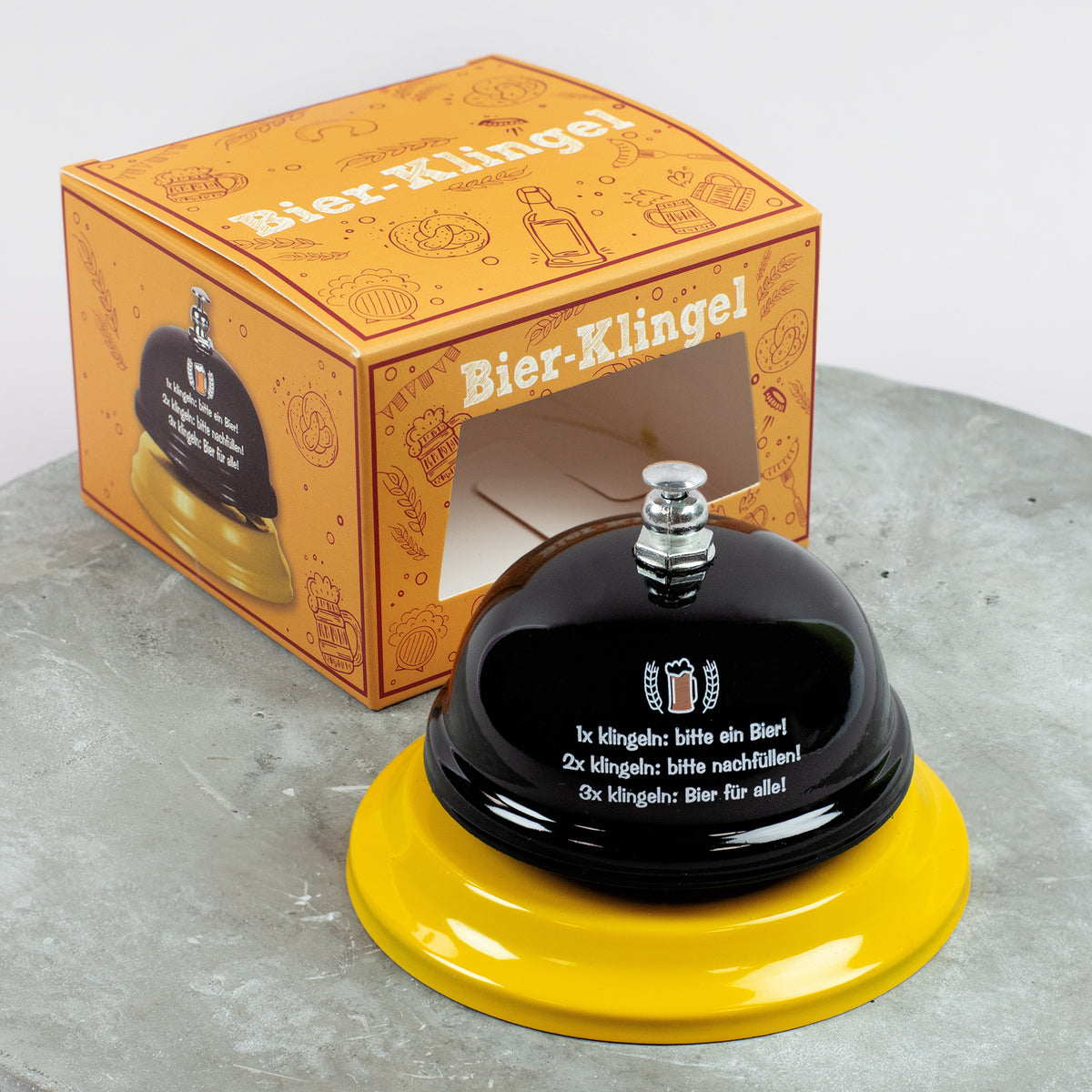 Bier-Klingel mit Verpackung in Geschenkbox, originelles Mitbringsel für Partys